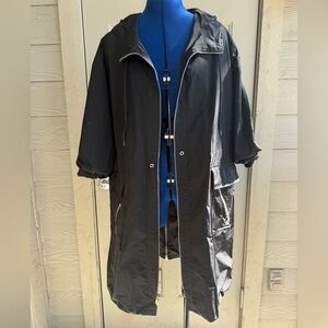 BCBGMaxAzria Black Hooded Anorak Rain Jacket Lightweight Oversized Parka Coat, M